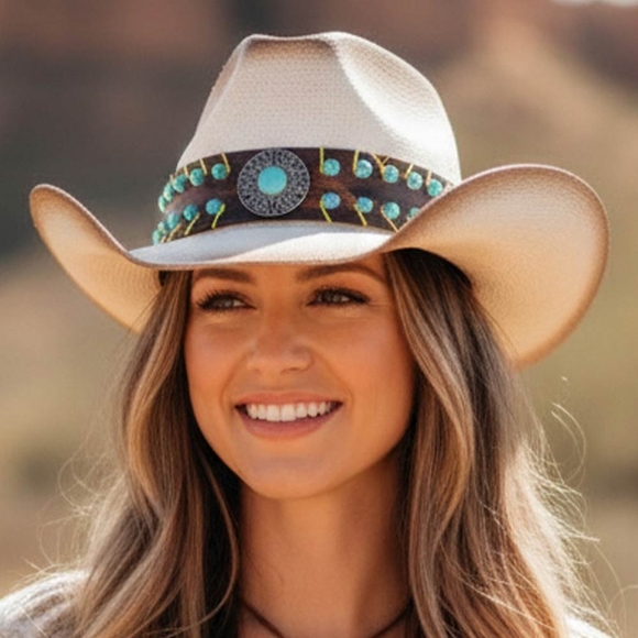 Ivory Turquoise Western Concho Beaded Band Straw Cowboy Hat Womens Accessory main image 4